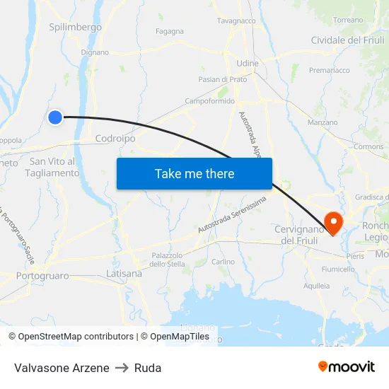 Valvasone Arzene to Ruda map
