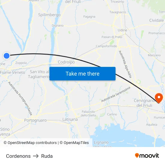 Cordenons to Ruda map
