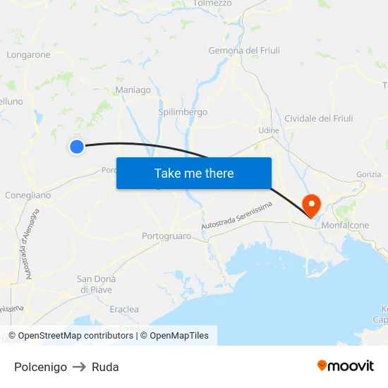 Polcenigo to Ruda map