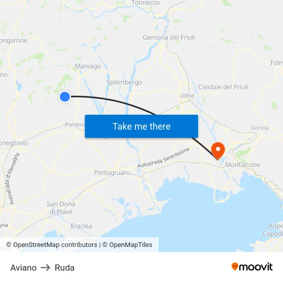 Aviano to Ruda map