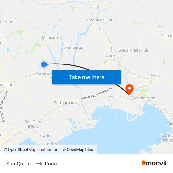 San Quirino to Ruda map