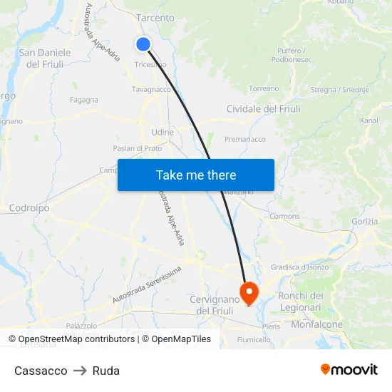 Cassacco to Ruda map