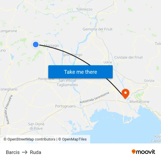 Barcis to Ruda map