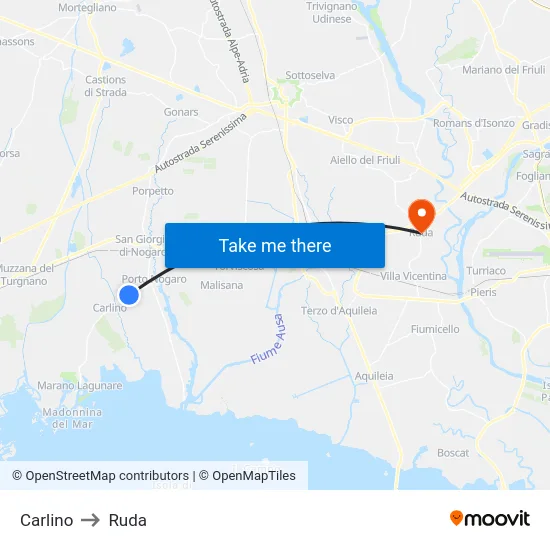 Carlino to Ruda map