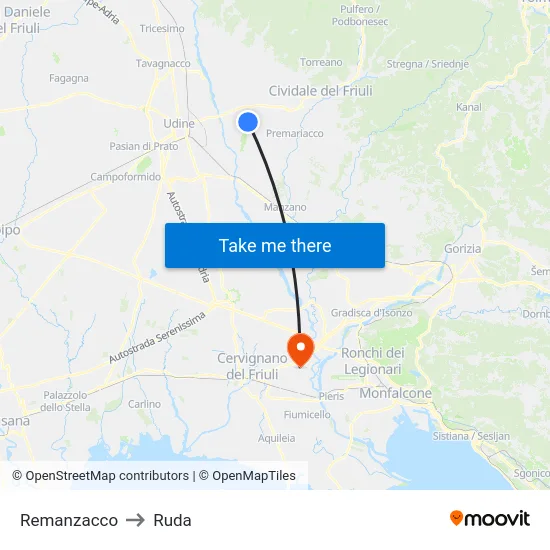 Remanzacco to Ruda map