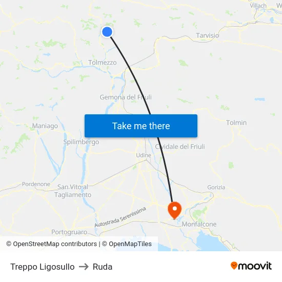 Treppo Ligosullo to Ruda map