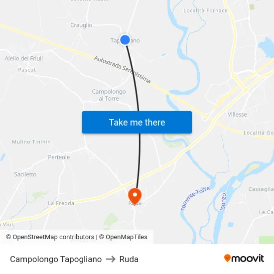 Campolongo Tapogliano to Ruda map