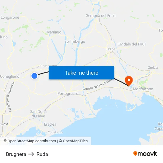 Brugnera to Ruda map