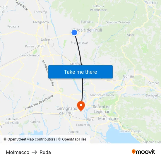 Moimacco to Ruda map