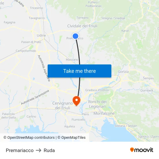 Premariacco to Ruda map
