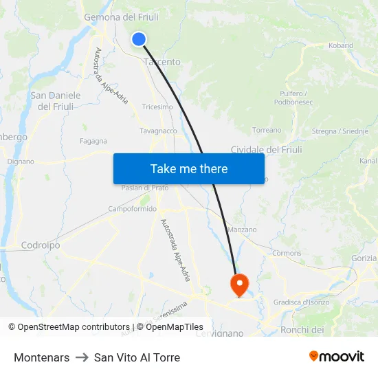 Montenars to San Vito al Torre map