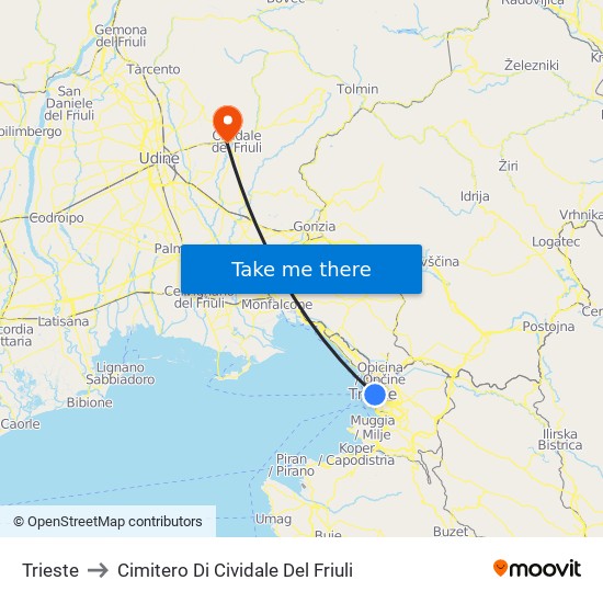 Trieste to Cimitero Di Cividale Del Friuli map