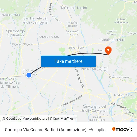 Codroipo Cesare Battisti Street (Bus Station) to Ipplis map