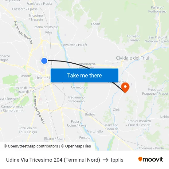 Udine Via Tricesimo 204 (North Terminal) to Ipplis map