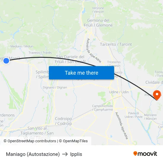 Maniago (Bus Station) to Ipplis map