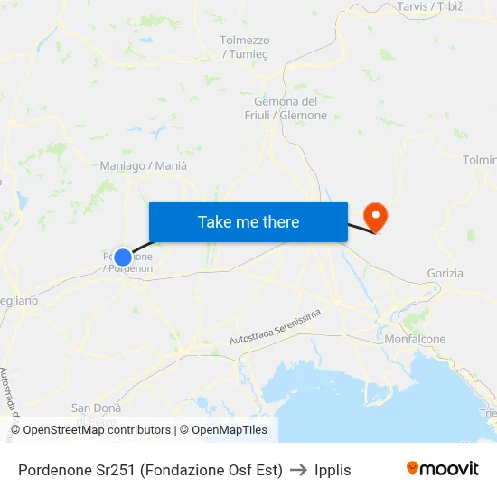 Pordenone SR251 (OSF Foundation East) to Ipplis map