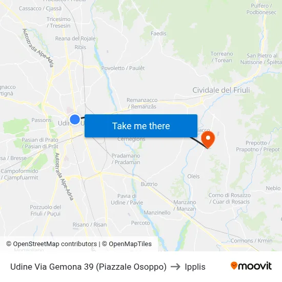 Udine Via Gemona 39 (Osoppo Square) to Ipplis map