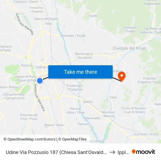 Udine Via Pozzuolo 187 (Sant'Osvaldo Church) to Ipplis map