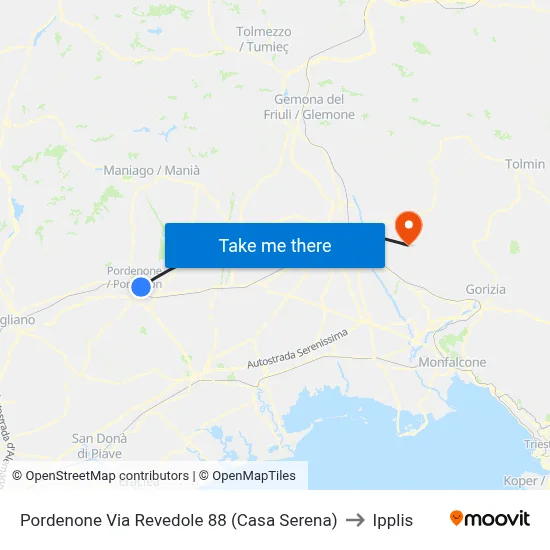 Pordenone Revedole Road 88 (Casa Serena) to Ipplis map
