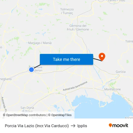 Porcia Via Lazio (Junction Via Carducci) to Ipplis map