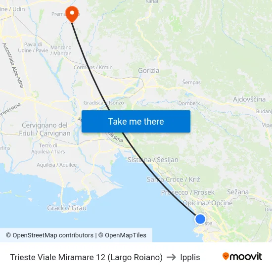 Trieste Miramare Avenue 12 (Roiano Square) to Ipplis map