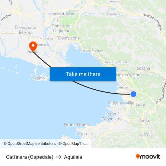 Cattinara (Ospedale) to Aquileia map