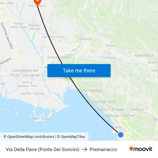 Via Della Pace (Soncini Bridge) to Premariacco map