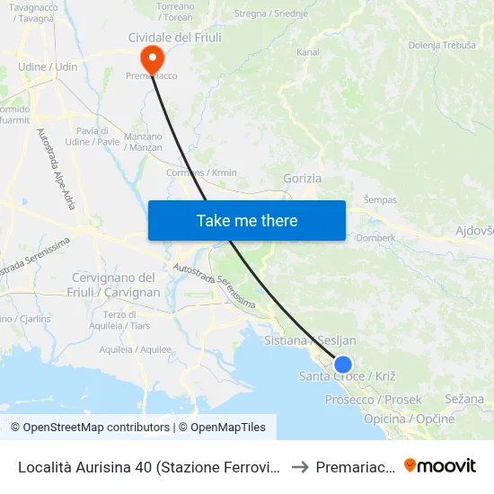Aurisina Location 40 (Railway Station) to Premariacco map