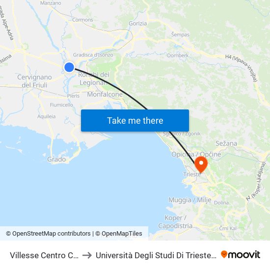 Villesse Centro Commerciale Tiare to Università Degli Studi Di Trieste - Comprensorio San Giovanni map
