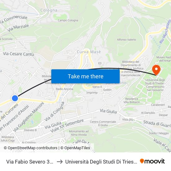 Via Fabio Severo 30 (Angolo Via Catullo) to Università Degli Studi Di Trieste - Comprensorio San Giovanni map