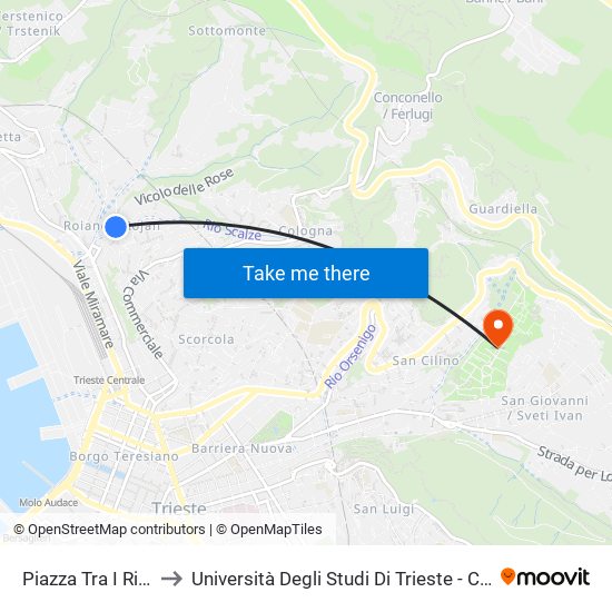 Piazza Tra I Rivi 3 (Roiano) to Università Degli Studi Di Trieste - Comprensorio San Giovanni map
