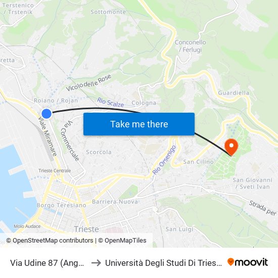 Via Udine 87 (Angolo Via Dei Barbariga) to Università Degli Studi Di Trieste - Comprensorio San Giovanni map