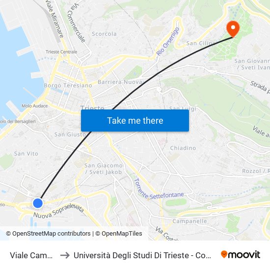 Viale Campi Elisi 16 to Università Degli Studi Di Trieste - Comprensorio San Giovanni map