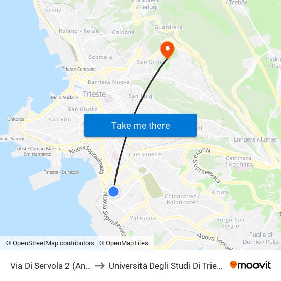 Via Di Servola 2 (Angolo Via Della Calcara) to Università Degli Studi Di Trieste - Comprensorio San Giovanni map
