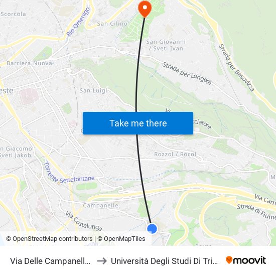 Via Delle Campanelle 260 (Angolo Via Zarotti) to Università Degli Studi Di Trieste - Comprensorio San Giovanni map