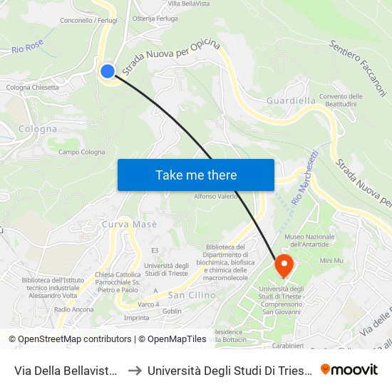 Via Della Bellavista 1 (Casa Cantoniera) to Università Degli Studi Di Trieste - Comprensorio San Giovanni map