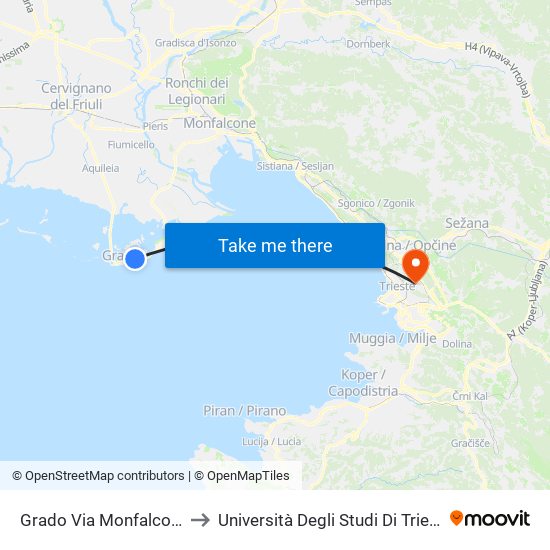 Grado Via Monfalcone Sp19 (Valle Goppion) to Università Degli Studi Di Trieste - Comprensorio San Giovanni map