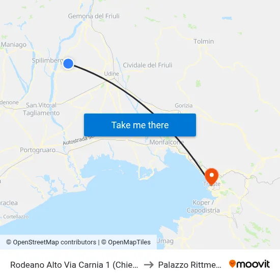 Rodeano Alto Via Carnia 1 (Church) to Rittmeyer Palace map