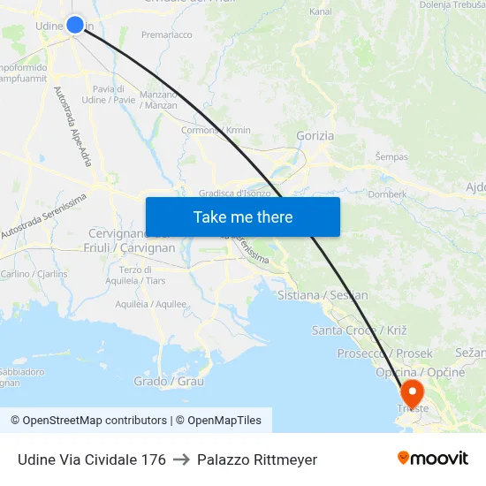 Udine Via Cividale 176 to Rittmeyer Palace map