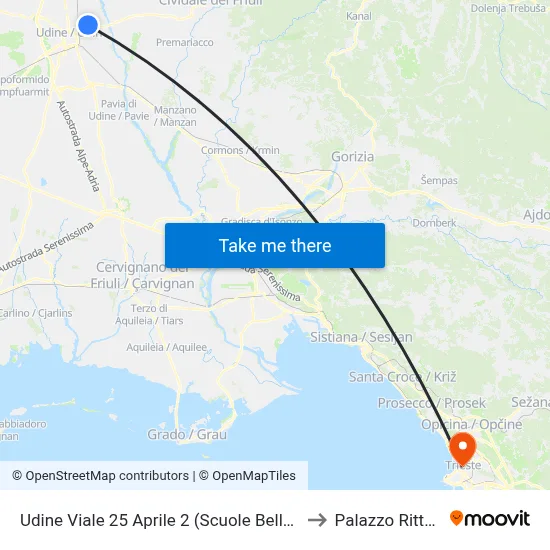 Udine Viale 25 April 2 (Bellavitis and Friz Schools) to Rittmeyer Palace map