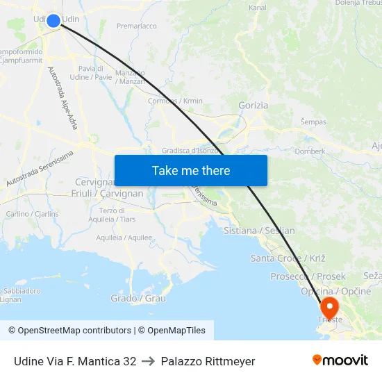 Udine Via F. Mantica 32 to Rittmeyer Palace map
