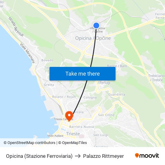 Opicina (Stazione Ferroviaria) to Palazzo Rittmeyer map