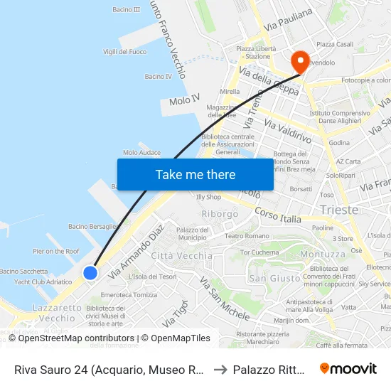 Riva Sauro 24 (Acquario, Museo Revoltella) to Palazzo Rittmeyer map