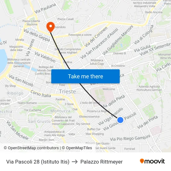 Via Pascoli 28 (Istituto Itis) to Palazzo Rittmeyer map
