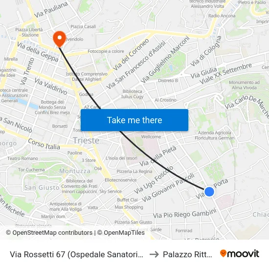 Via Rossetti 67 (Ospedale Sanatorio Triestino) to Palazzo Rittmeyer map