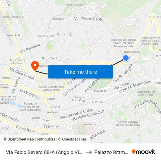 Via Fabio Severo 88/A (Angolo Via Vero) to Palazzo Rittmeyer map