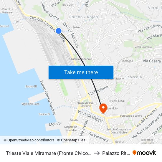 Trieste Viale Miramare (Fronte Civico 14, Largo Roiano) to Palazzo Rittmeyer map