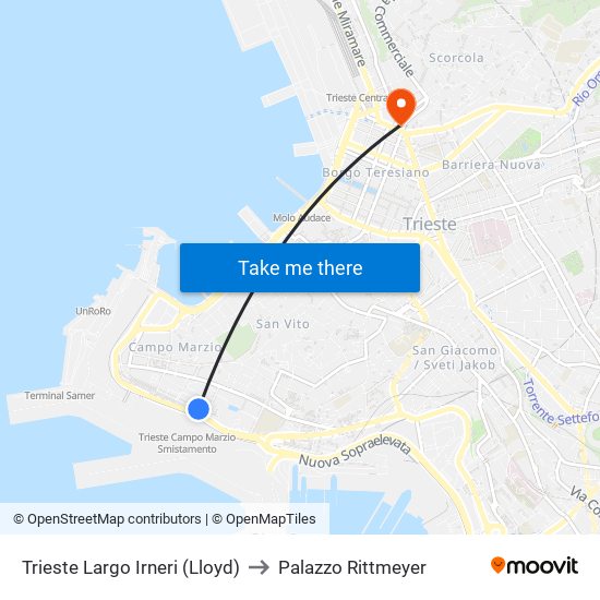 Trieste Largo Irneri (Lloyd) to Palazzo Rittmeyer map