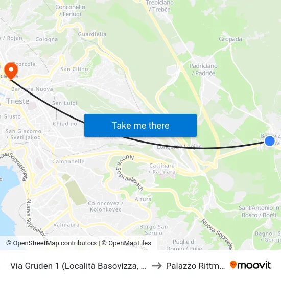 Via Gruden 1 (Località Basovizza, Chiesa) to Palazzo Rittmeyer map