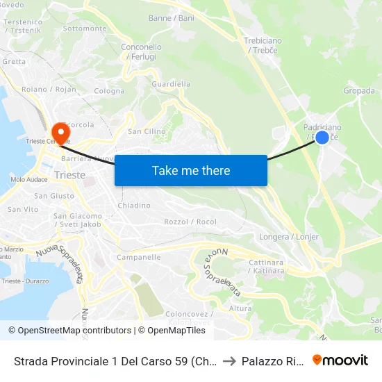 Provincial Road 1 Del Carso 59 (Padriciano Church) to Rittmeyer Palace map